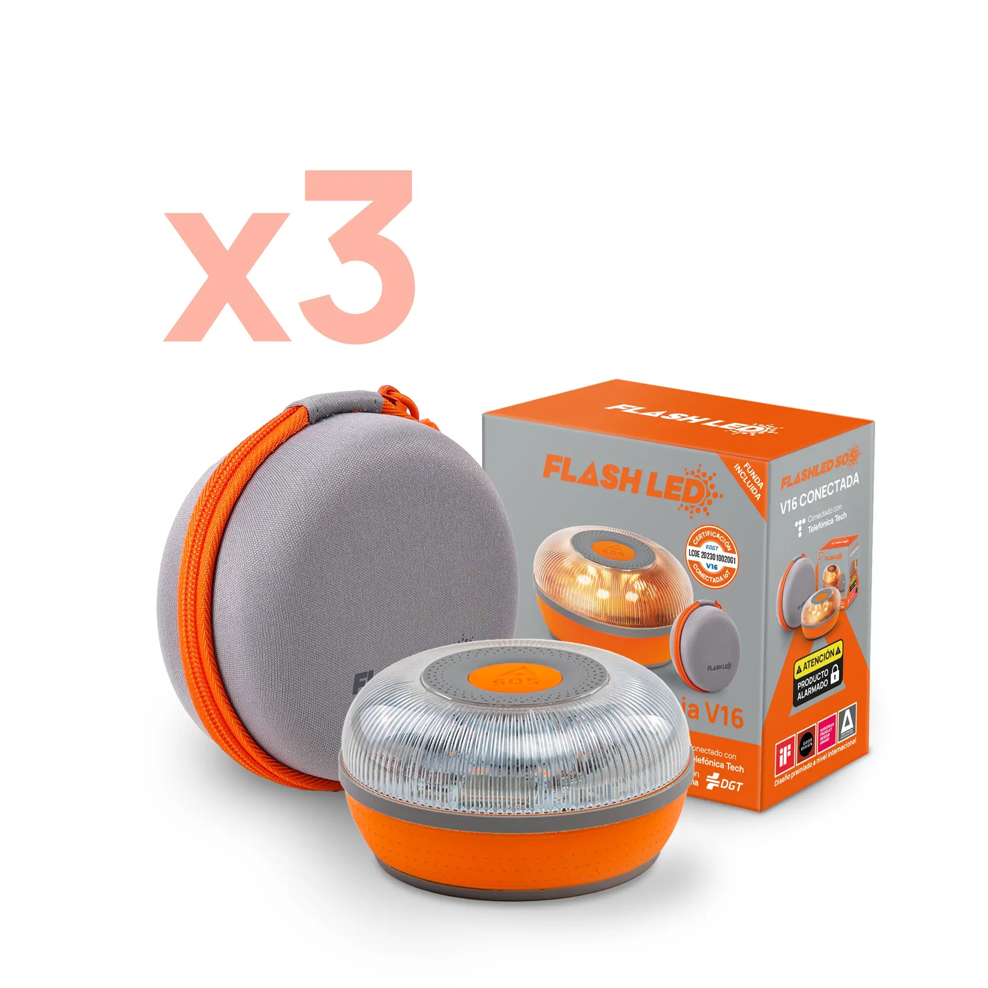 Pack de 3 FlashLED SOS Baliza V16 IoT Conectada a Telefónica y DGT + App SOS Alert