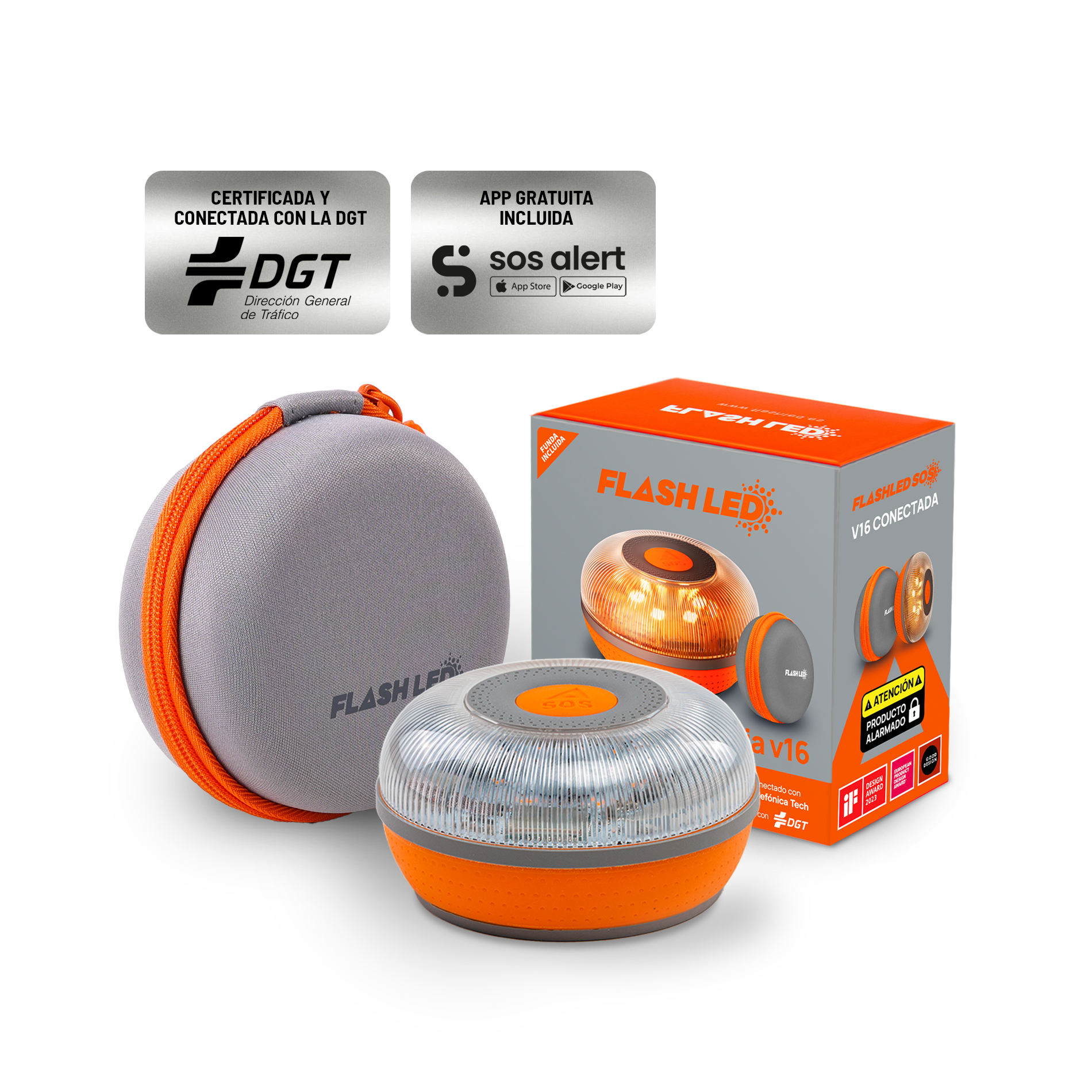 FlashLED SOS com capa - Baliza V16 IoT Conectada à Telefónica e DGT + App SOS Alert