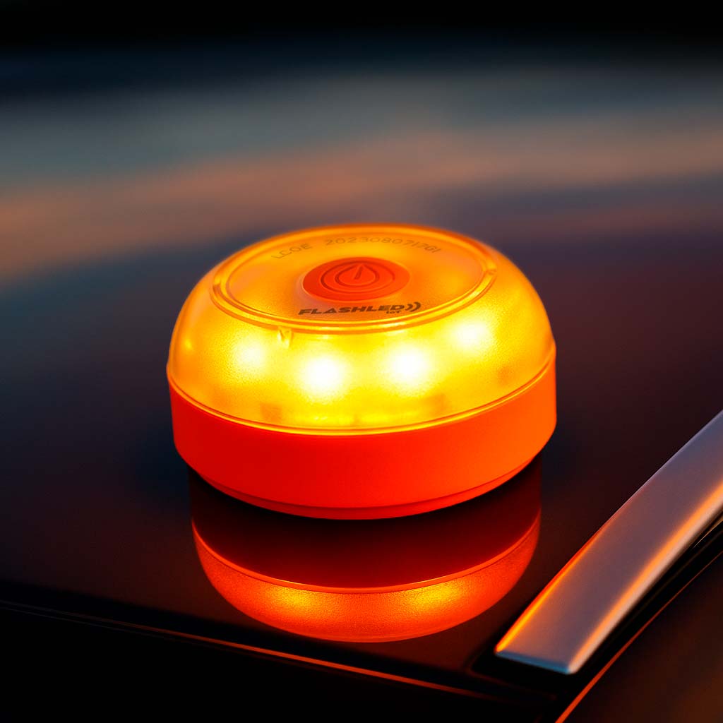 FlashLED IoT balise V16 allumée sur le toit de la voiture