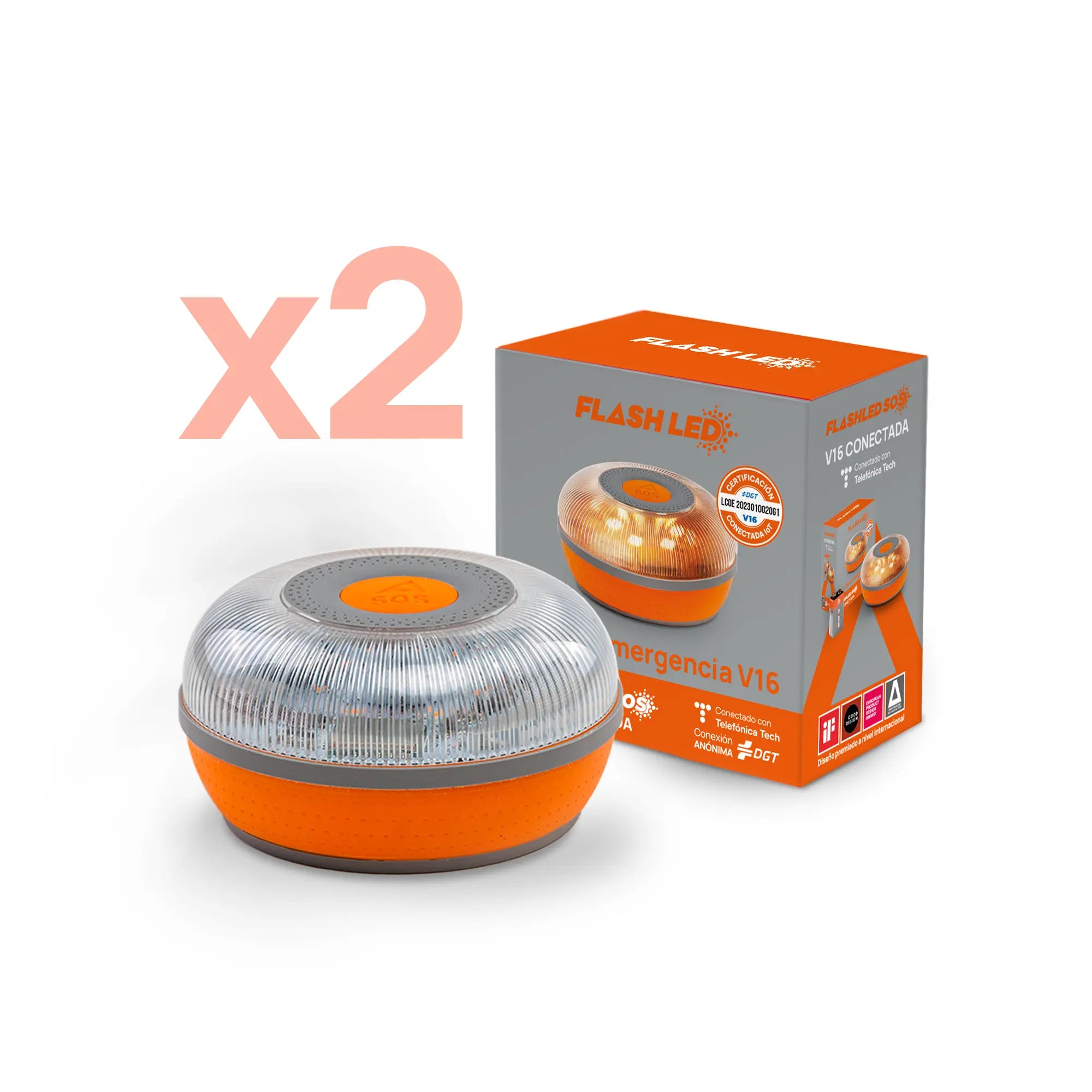 Pack de 2 FlashLED SOS Baliza V16 IoT Conectada a Telefónica y DGT + App SOS Alert