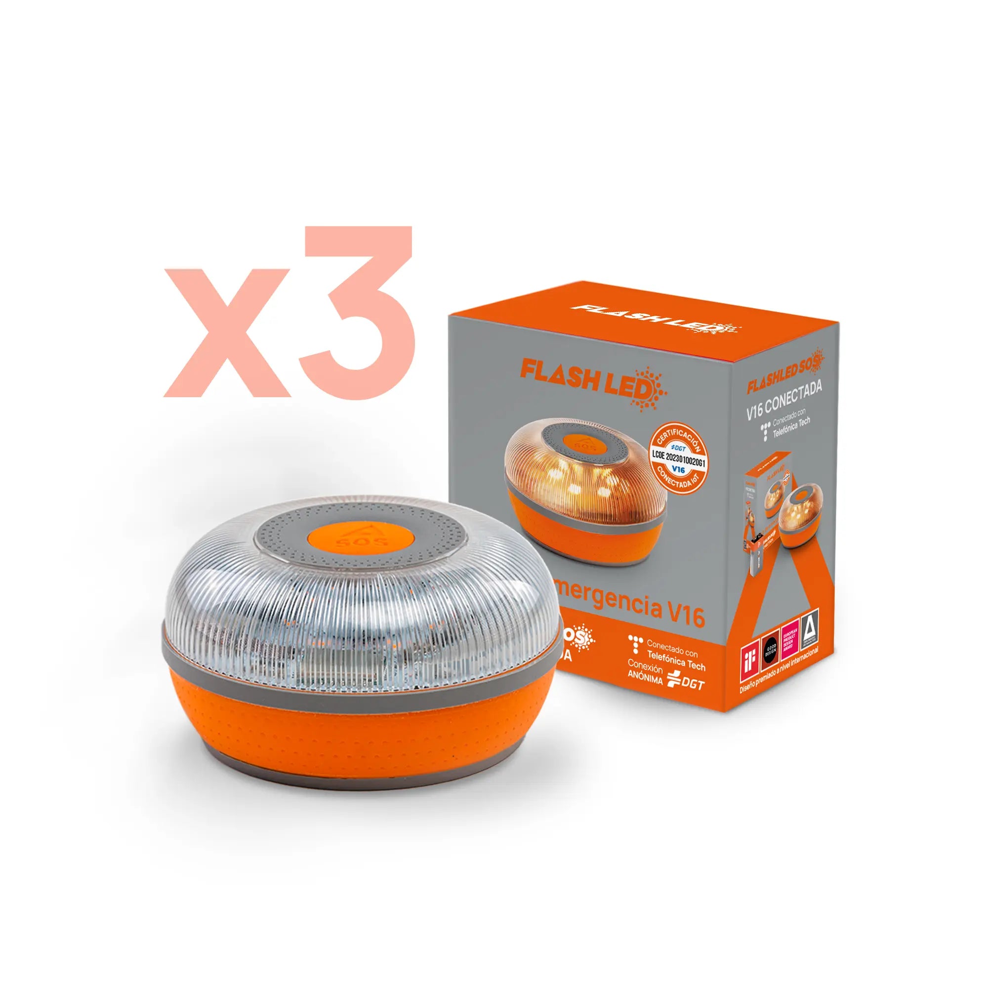 Pack de 3 FlashLED SOS Baliza V16 IoT Conectada a Telefónica y DGT + App SOS Alert